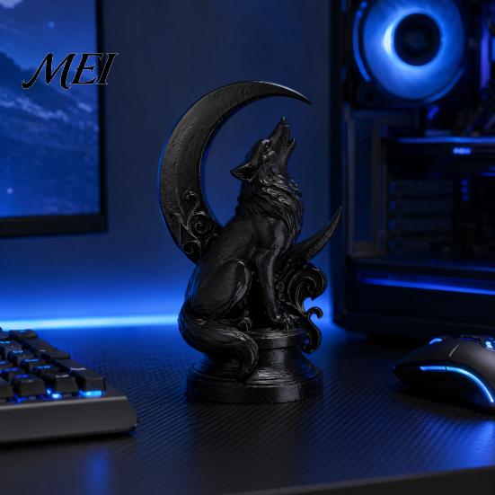 Lone Wolf Crescent Moon Art 3D Printed Howling Sculpture with Base, Matte Nordic Style Home Ornament Black Finish Collector Art, Gothic Statue