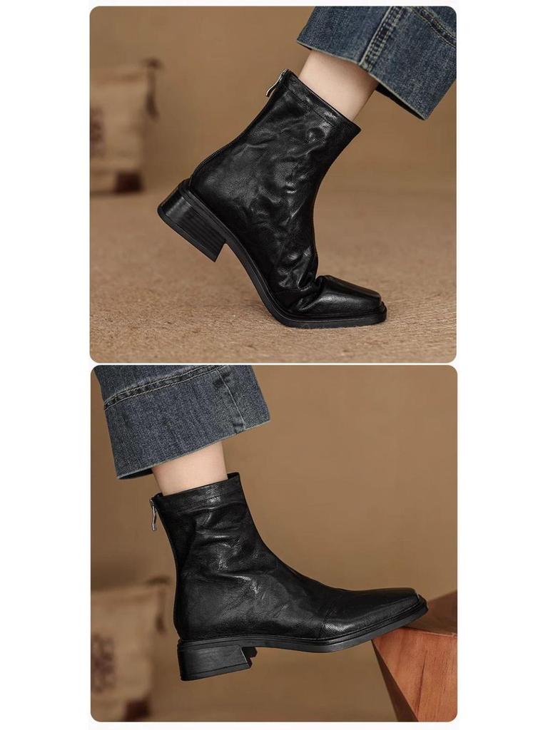 Lambskin Slimming Ankle Boots 2025: Women's Mid-Heel Vintage Martin Boots, Black Square Toe, Autumn/Winter Collection.