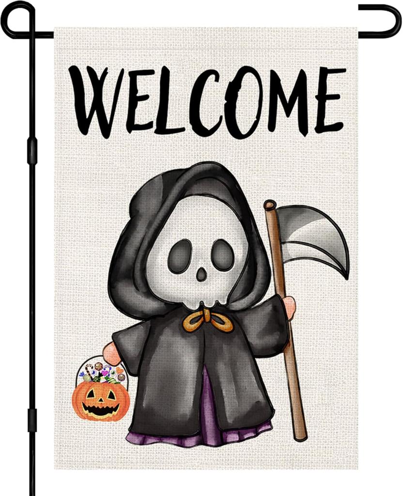 Welcome Halloween Garden ags 12x18 Double Sided Burlap, Scary Skull Halloween Decorations Party Seasonal Sign Small ag f EEZ