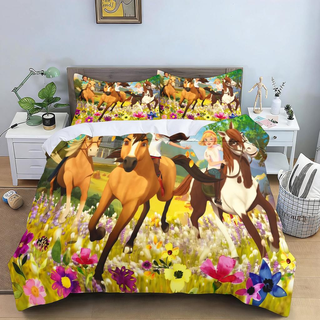 Spirit Riding Free Cartoon Horse Bedding Set Running Horses Print Duvet Cover Pillowcase Soft Kids Bedroom Bed Linens