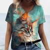 Women's V-Neck Short Sleeve T-Shirts Animals Printed Summer Clothing Cute Cartoon Cat Woman Tshirts Streetwear Tops