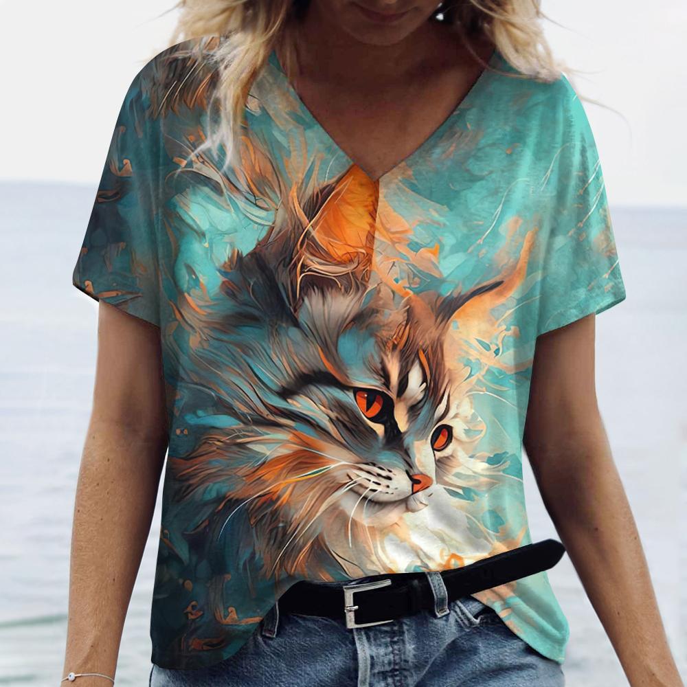 Women's V-Neck Short Sleeve T-Shirts Animals Printed Summer Clothing Cute Cartoon Cat Woman Tshirts Streetwear Tops
