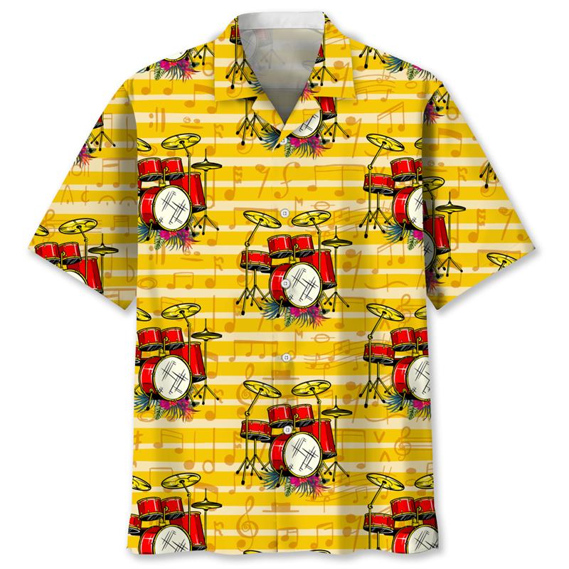 Vintage Drums Hawaiian Shirt For Men Musical Instruments Graphics Short Sleeves Shirts Street Loose