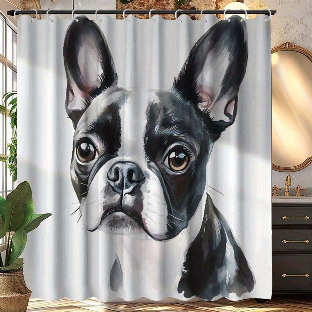 Dog Print Shower Curtain Black & White Artistic Design Polyester Washable With Hooks Stylish Bathroom Decor