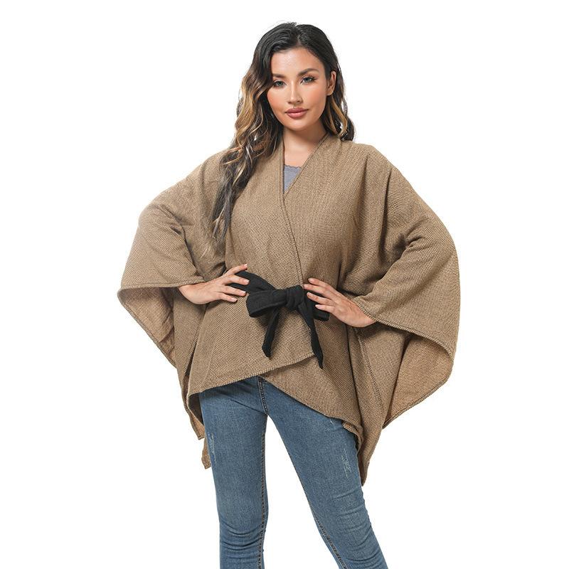 Монохромный поясной разрезной вязаный платок тканый плащ теплый шарф для женщин