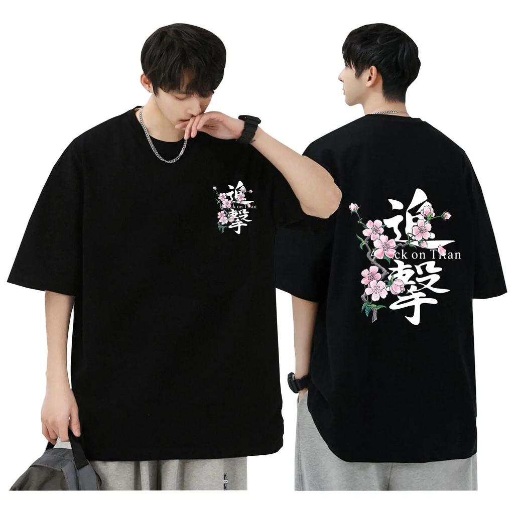 Patterned printed T-shirt with "Attack on Titan" cartoon design - pure cotton men and women trendy and versatile for the street