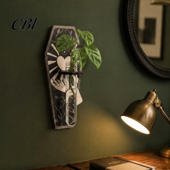 Dark Academia Home Decor Wooden Halloween Decorations, Plant Propagation Station Wall Hanging, Gothic Haunted House Party Supplies Coffin-Shaped Test