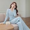 Women's Light Luxury Two-Piece Suit: Blue Short Coat & Wide-Leg Pants