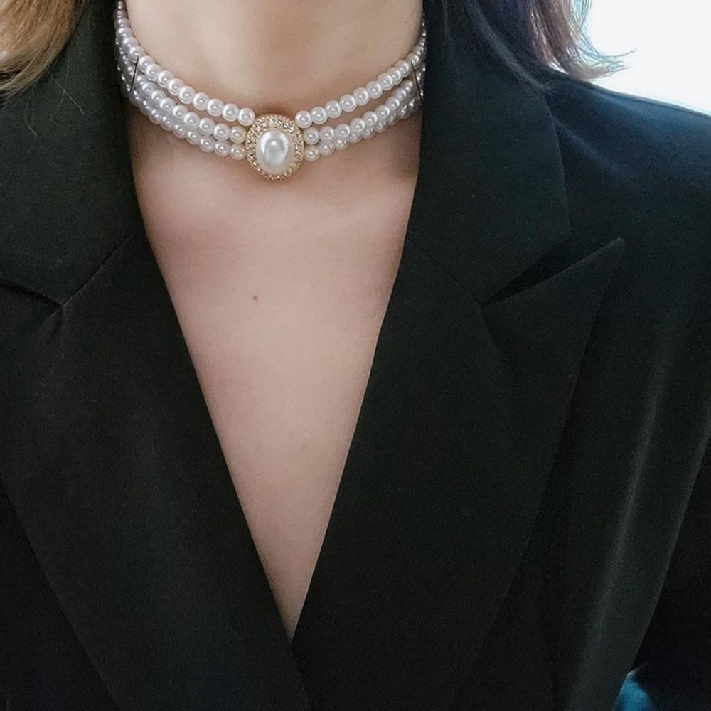 Elegant Pearl Necklace Earrings Set Multi-Layers Wedding Choker Necklace Collarbone Chain Gifts