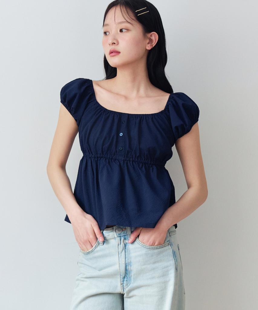 KNIZURE Puff Sleeve Shirred Blouse_Navy