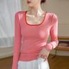 Футболка с квадратным воротником из тонкой нити для женщин, длинный рукав, осень и зима, новый стиль, контрастные цвета и внутренняя основа сверху