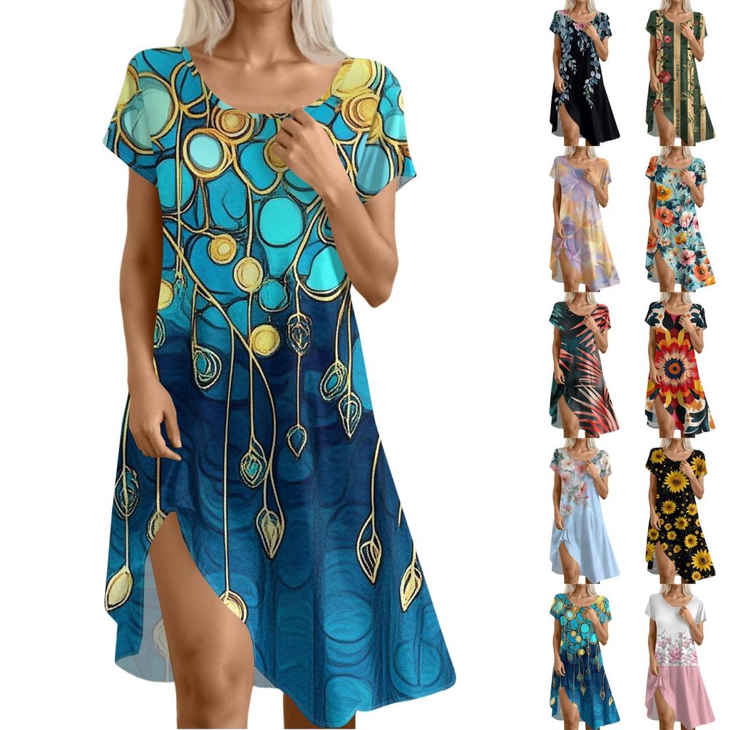 Short Sleeve Boho Dress For Women Casual Loose Fit Summer Sundress Floral Print Dress With Pockets