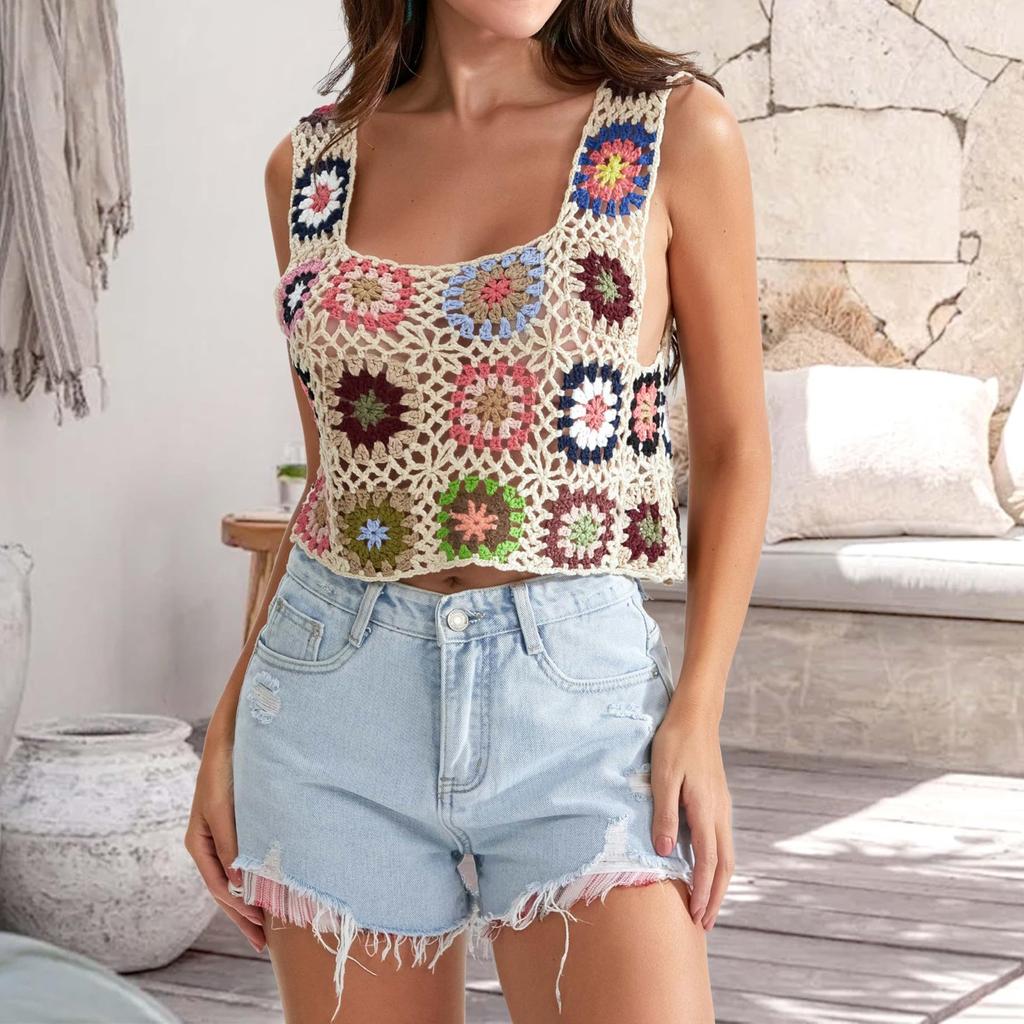 Женская ручная вышивка крючком, полая трикотажная майка, женская короткая майка для пляжного отдыха, без рукавов