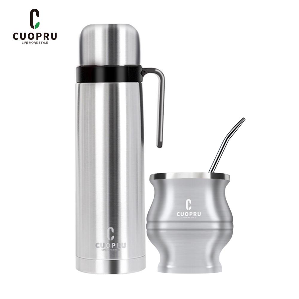 Yerba Mate Kit - Modern Mate Gourd, Bombilla, Cleaning Brush, Thermos Set Included - Premium 304 Stainless Steel (Silver)