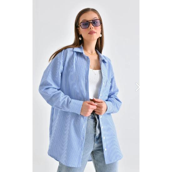 Blue Crepe Detailed Striped Shirt