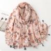 Herringbone Pink & Gray Flower Scarf In Soft Cotton-Linen Blend with Tassels