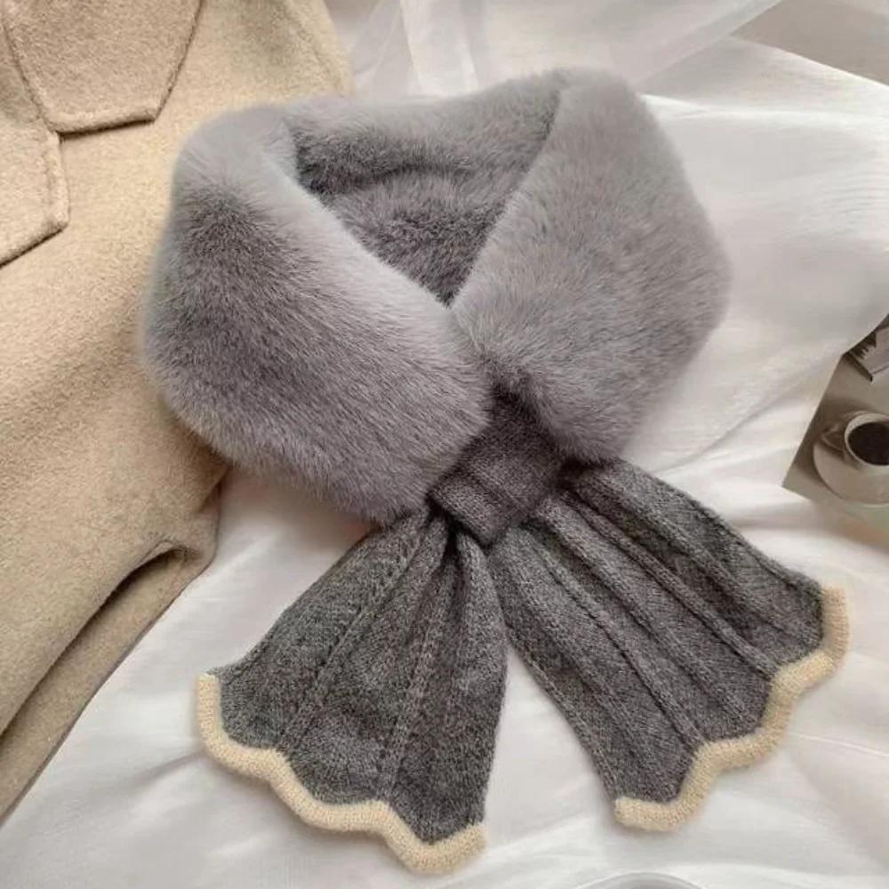 Winter Plush Scarf Woman Thick Fish Tail Wool Knit Cross Fur Collar Outdoor Cycling Neck Protection Cervical Spine Warm Scarve