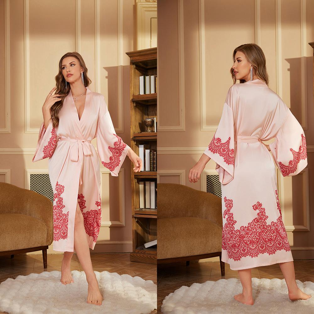 Принт Сатин Женский Длинный Халат Ретро Ночная Сорочка Рукав Три Четверти Кимоно Банный Халат Свободная Домашняя Одежда