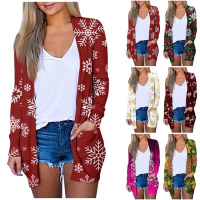 Женская мода, повседневный рождественский принт, кардиган средней длины, куртка, пальто