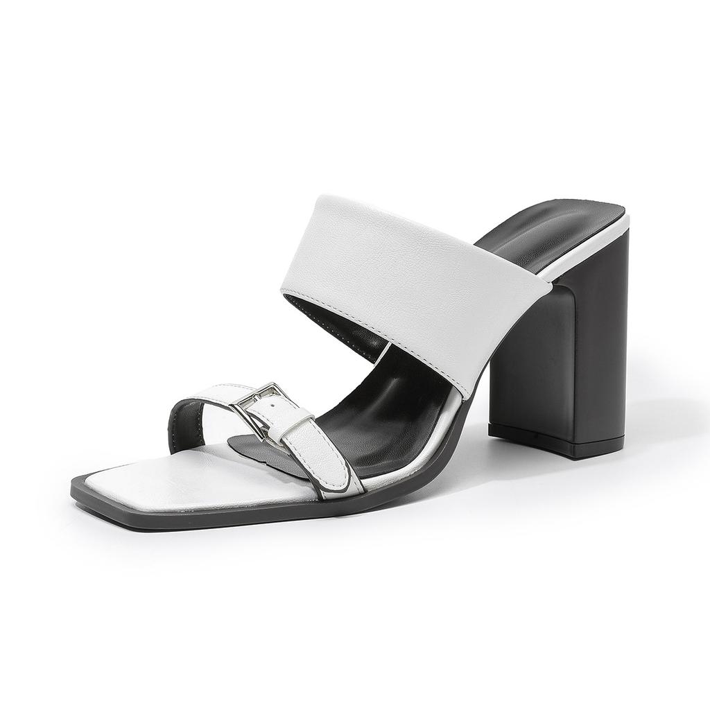 Women's Two Strap Square Open Toe High Block Heels Sandals Dress Pumps Casual Summer Mules Shoes for Weeding Party Chunky Heeled Slides for Women