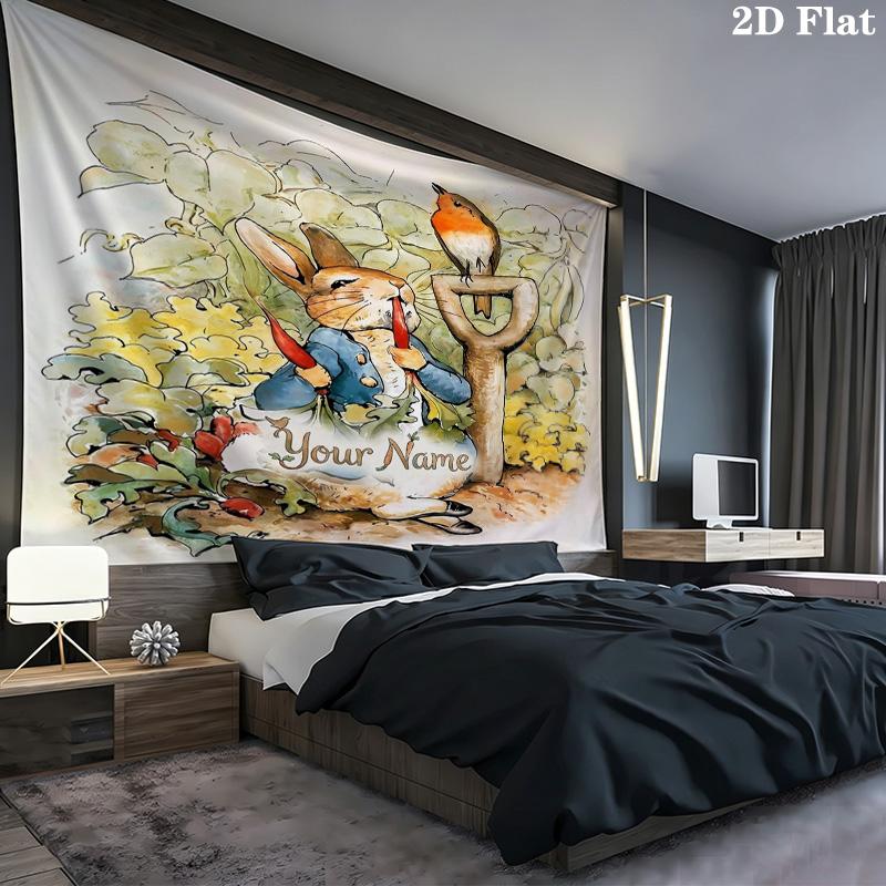Easter Bunny Picnic Custom Name Wall Tapestry Aesthetic Wall Hanging Printed Fabric Blanket Decorative Tapestries For Bedroom Living Room Home Decor