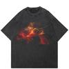 Streetwear Flame Face Graphic T-Shirt Cotton Washed Black Tshirt Unisex Tops Tees Summer Short Sleeves T Shirt