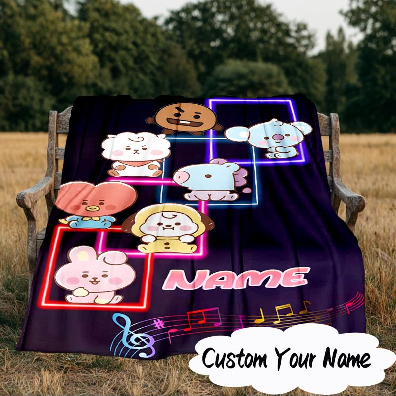 Custom Name Music Friends K-pop Blanket Ideal Bedding Blanket Perfect for Travel, Camping, Living Rooms, Offices, Sofas, Fan Christmas gift