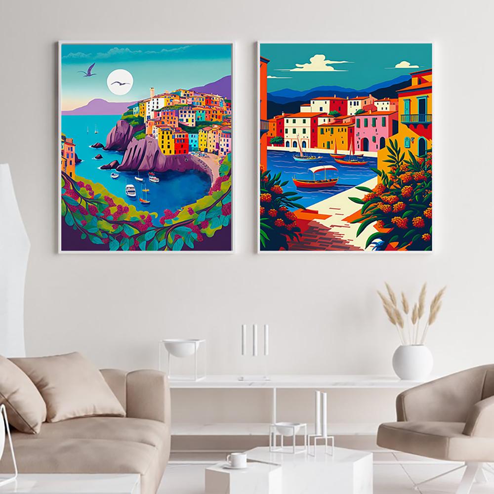 Набор из двух постеров с итальянским пейзажем, постер с морским пейзажем, картина маслом, абстрактный круиз на пристани, печать на холсте, гостиная, домашний декор