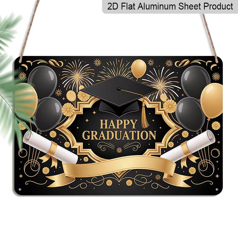 2D Flat, 1pc "Happy Graduation" Black & Gold Plaque, 12”*8" - Graduation Decor Sign with Cap & Diploma, Black & Gold - Aluminium Wall Hanging