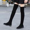 Осенне-зимние черные элегантные ботфорты на среднем каблуке для женщин Новые эластичные с круглым носком выше колена Женская обувь