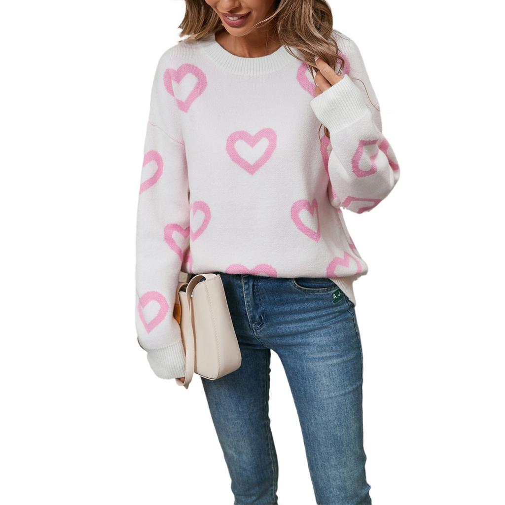 Women's Loose Casual Fashion Round Neck Heart Sweater Knitted Bottoming Shirt Sweater