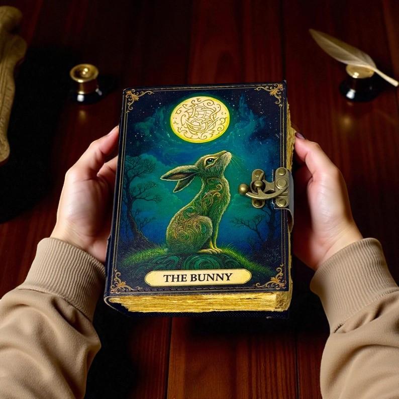 Handmade Leather Bunny Journal – Moonlight Forest Art Notebook with Antique Lock, Mystical Writing & Sketchbook Gift 200 pages