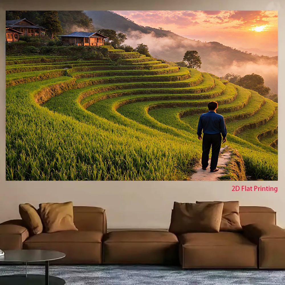 2D flat image 1 piece of a man in a Bali rice paddy at sunset suitable for photography or for a room decoration.