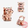 Оригинальные подвески 925 пробы подходят для модного браслета из стерлингового серебра 925 пробы, розового золота, розового кристалла, китайского тигра, бисерные украшения своими руками для женщин