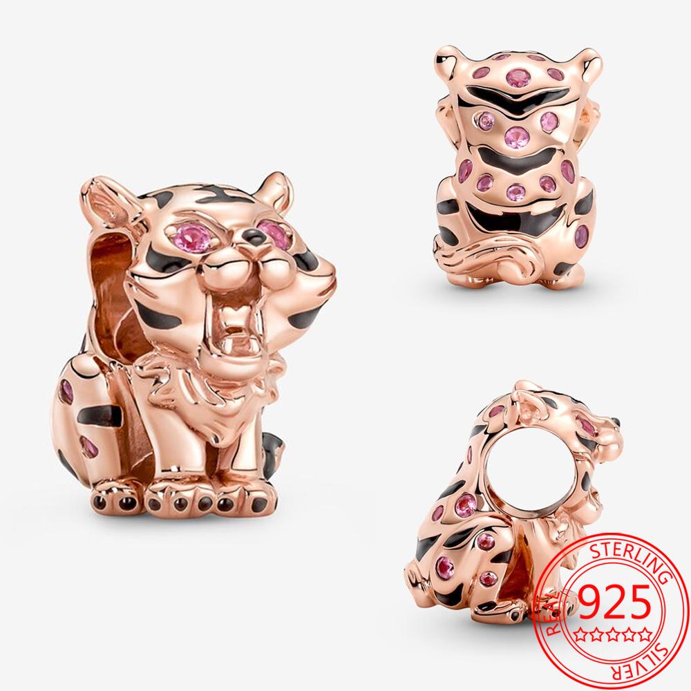 Оригинальные подвески 925 пробы подходят для модного браслета из стерлингового серебра 925 пробы, розового золота, розового кристалла, китайского тигра, бисерные украшения своими руками для женщин