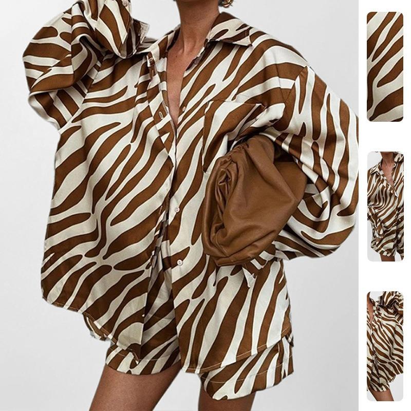Women Fashion Printed Long Sleeve Shirt And Shorts Casual Two Piece Set