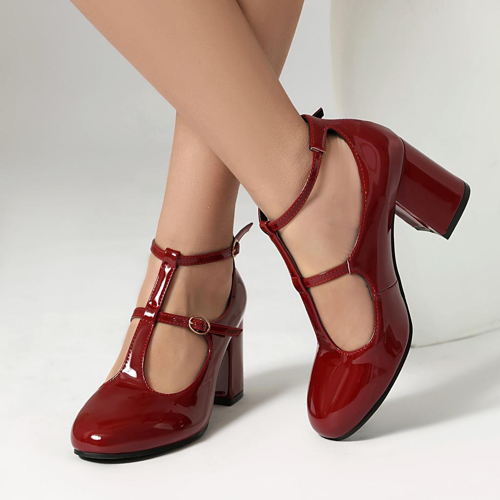 Women's High-heeled Single Shoes Spring and Summer New Thick-heeled Large-size Buckle Low-top Shoes
