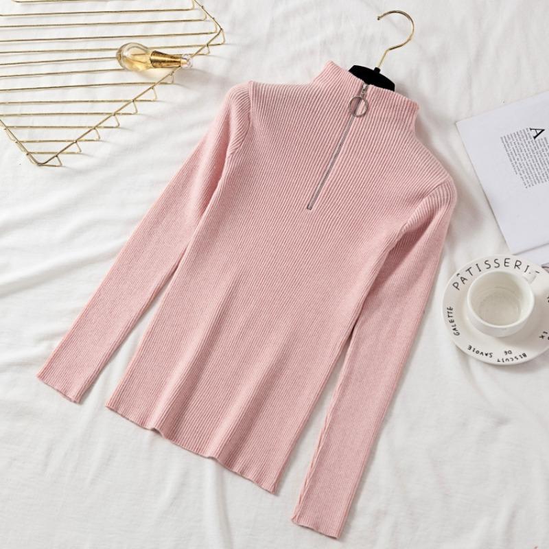 Осенний новый длинный рукав облегающий свитер женский зимний полувысокий воротник на молнии вязаный свитер женский модный базовый теплый трикотажный свитер 24968