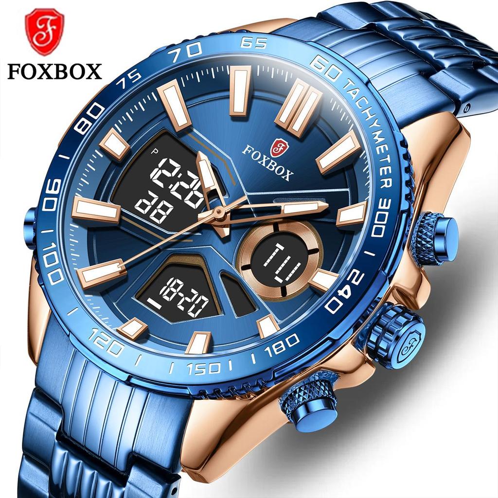FOXBOX Sport Watches for Men Top Brand Luxury Dual Display Stainless Steel Band Waterproof Luminous Quartz Wristwatch+Box