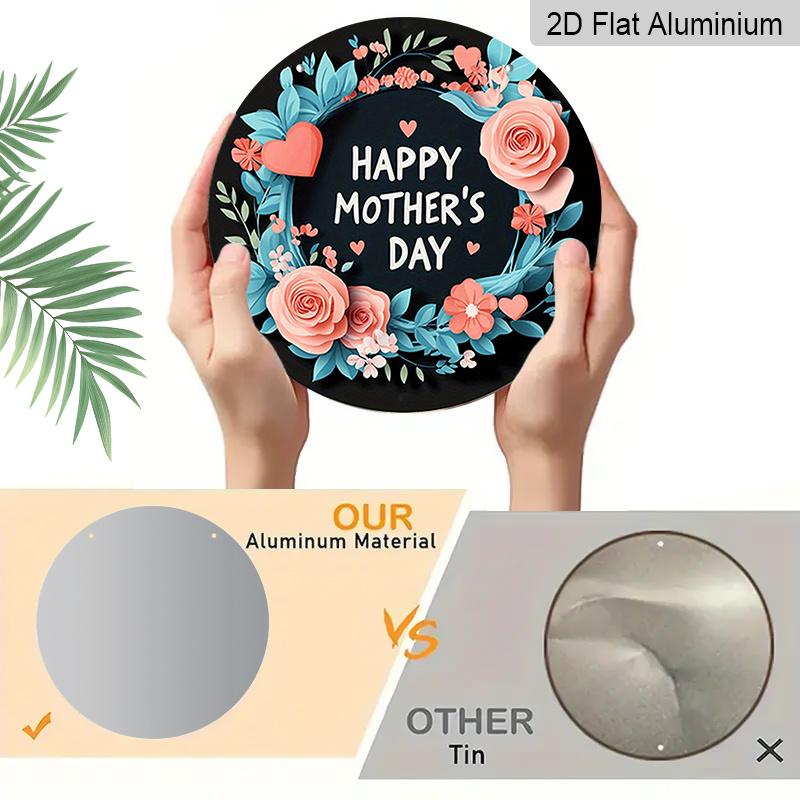 2D Flat, 1pc Vintage Mother's Day Round Aluminum Wall Sign - Pink Roses & Turquoise Floral Wreath with Happy Mother's Day Text, Heart Cutouts
