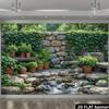 2D stone wall waterfall background fabric, stone wall with green plants and bonsai, flowing water of the waterfall