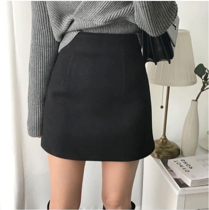 Women's High Waist Black Wool Skirt - Autumn/Winter 2024: Slim, Sexy A-Line Design