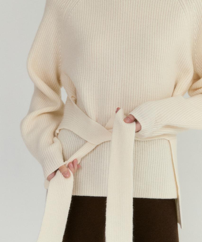 LEI AVERY Merino Wool Belted High-Neck Rib Knit (Ivory)