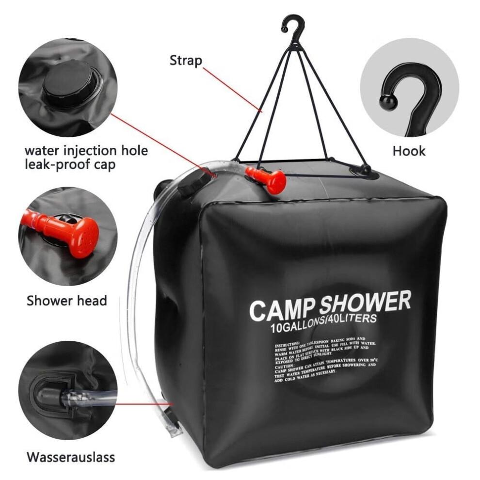 10G/40L Solar Shower Bag with Hose & Switchable Head – Compatible with Camping, Beach, Travel, Hiking