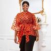 Plus Size Women Polka Dot Sheer Stand Collar Lace Up Waist Casual Blouse