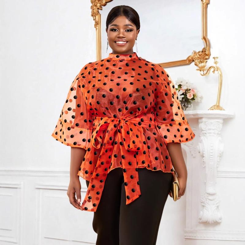 Plus Size Women Polka Dot Sheer Stand Collar Lace Up Waist Casual Blouse