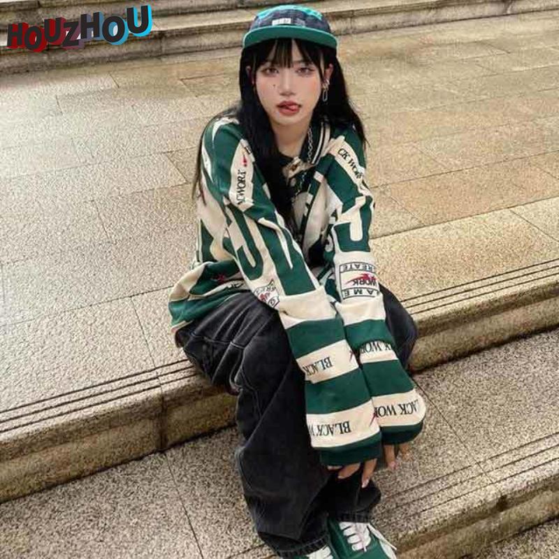 Женская винтажная свободная рубашка-поло свободного размера в стиле хип-хоп с лацканами в стиле Харадзюку для девочек