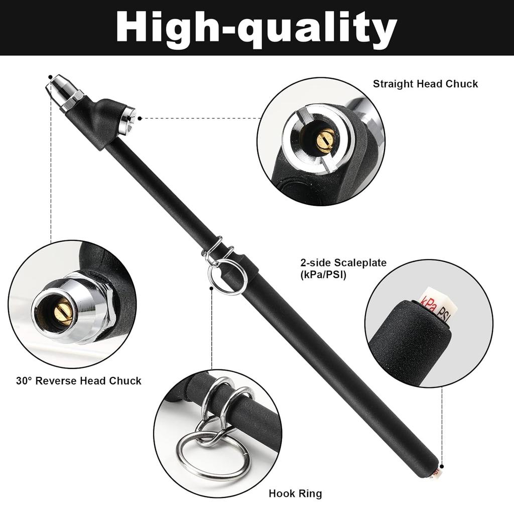CZC AUTO Tire Pressure Gauge Heavy Duty Air Pressure Tire Gauge, Straight-on Foot Dual Head Chucks, Black Painting, 10-150PSI 100-1000KPa for Semi