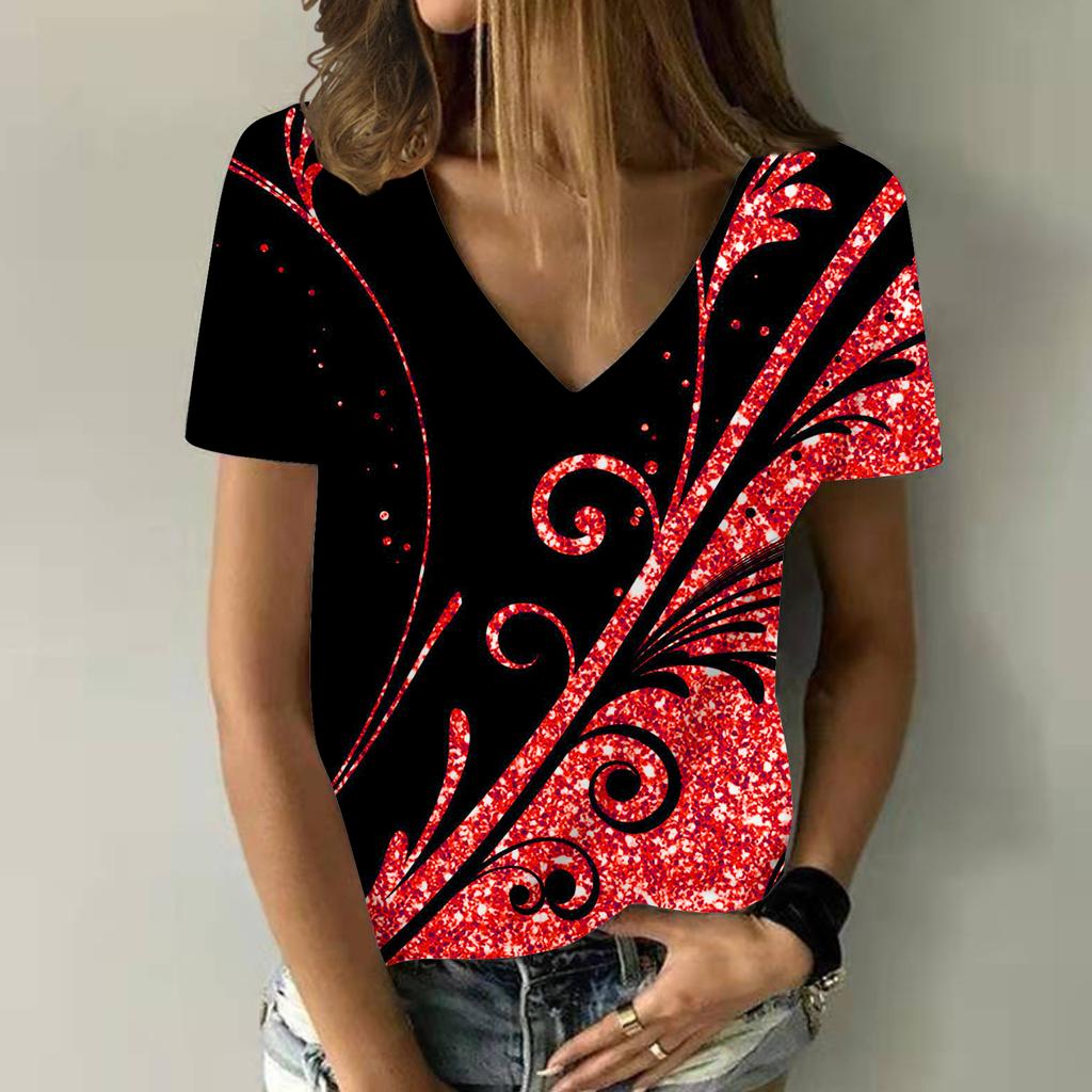 Футболки с абстрактным цветочным принтом 3D, женская мода, барокко, цветочные, свободного покроя, с V-образным вырезом, женская уличная одежда, женские футболки, топы