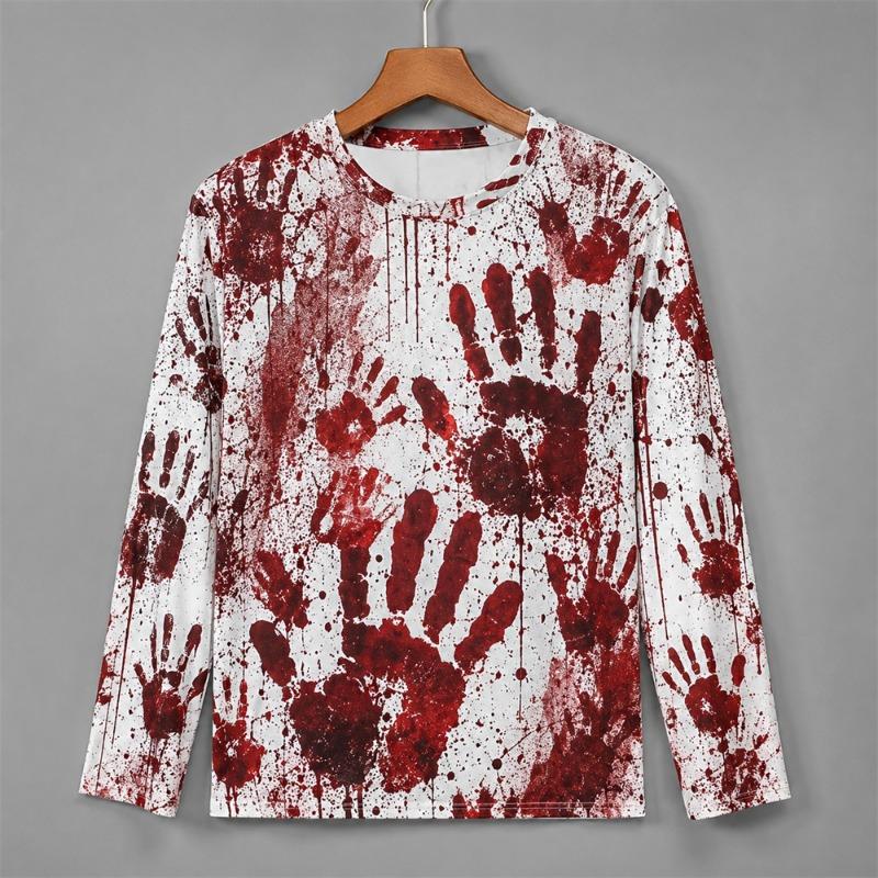 3D Print Horror Red Blood Stains Pattern Halloween Long Sleeve T Shirt For Men Vintage Halloween Party Personality OOTD Tee Top